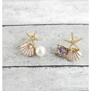 Seashell Stud Earrings Starfish Rhinestone Pearl Pierced Beach Jewelry Vacation
